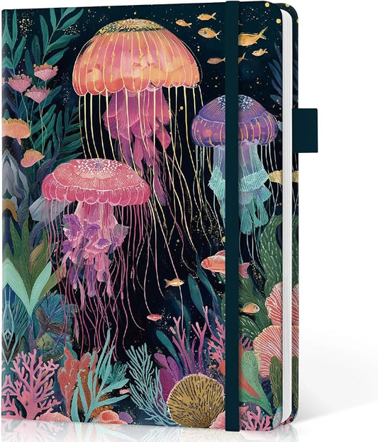 Taja Lined Journal Notebook for Women & Men, Hardcover Leather Journal for writing, A5 College Ruled Notebook for Work & Note Taking, Perfect for Office School Home Supplies, 160 Pages, Jellyfish