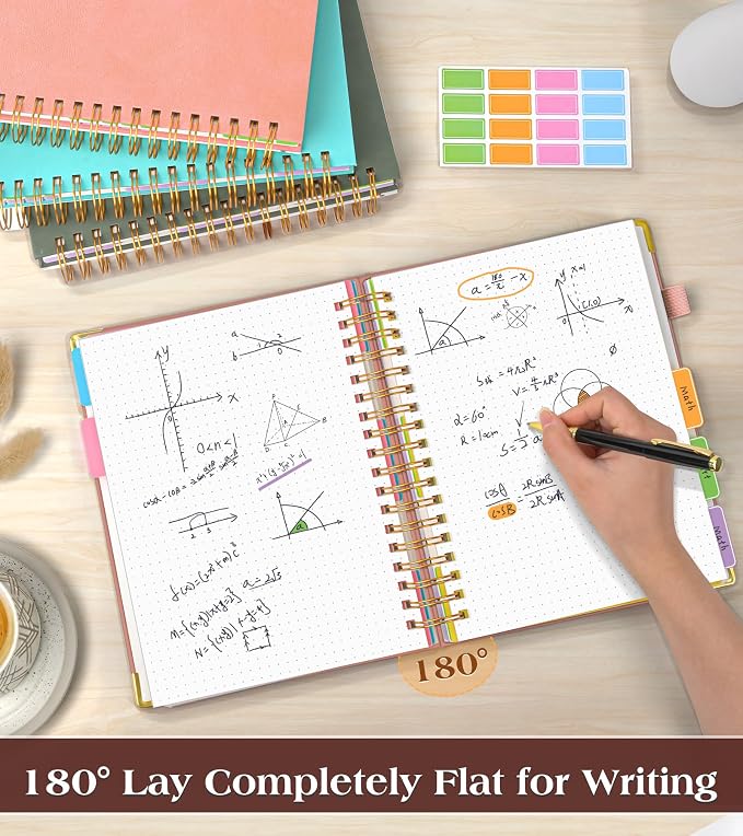 5 Subject Dotted Notebook with Removable Dividers Tabs, 300 Pages Hardcover Leather Dot Grid Spiral Journal, 8"x10" B5 Large Bullet Notebooks for Women Men Work School College Maths Sketching, Pink