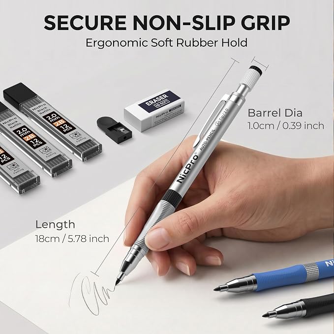 Nicpro 29 Pieces 2mm Mechanical Pencil Set, 9 PCS Drafting Carpenter Pencils 2.0 mm for Art Drawing Sketching construction with 192 Lead Refills Pre-Sharpen HB & 2B & Colors, 2 Erasers, 2 Sharpener