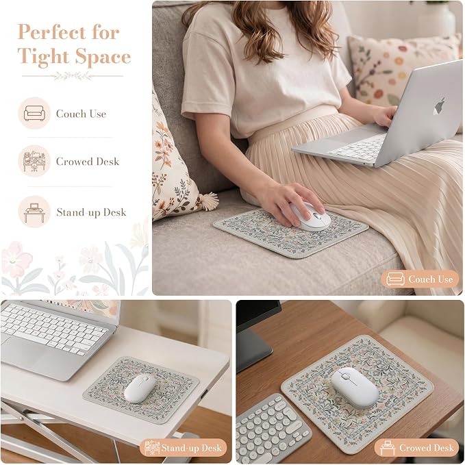 iCasso Aesthetic Small Floral Mouse Pad, Mini Portable Travel Mousepad, Anti-Slip and Comfortable Cloth Mouse Mat 7.9"x9.5" with Stitched Edges for Computer, Laptop, Office, Home(Gray Floral)