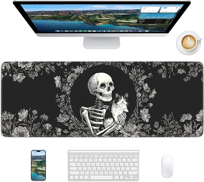 Skull Mouse Pad, 31.5 x 11.8 Large Desk Mat with Stitched Edges & Non-Slip Base, Mousepad for Office, Home, Work, Skull Cat