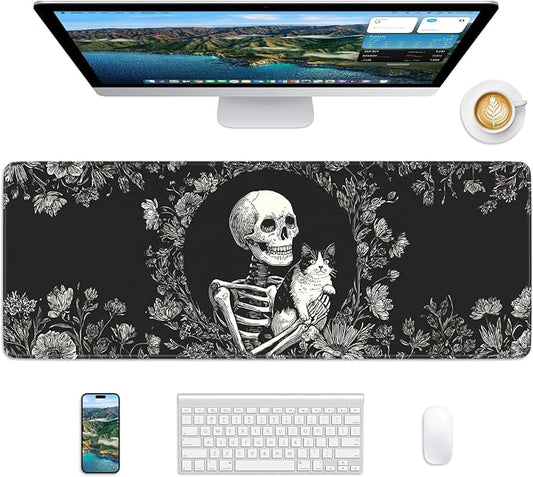 Skull Mouse Pad, 31.5 x 11.8 Large Desk Mat with Stitched Edges & Non-Slip Base, Mousepad for Office, Home, Work, Skull Cat