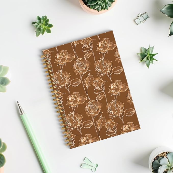 Dark Brown Rose Floral Spiral Notebook, Modern Abstract Botanical Journal, Neoclassical Luxury Minimalist Flower Hardcover Notebook Journal, 5.5x8.3 Inch