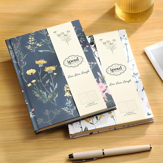 Floral Journal for women, Floret Hardcover Notebook, A5, 6x8, Medium Ruled Notebook, Lay-flat, Linen Journal, Notebooks for School, Writing Journal, Reading Journal, Plant Journal, Navy Blue