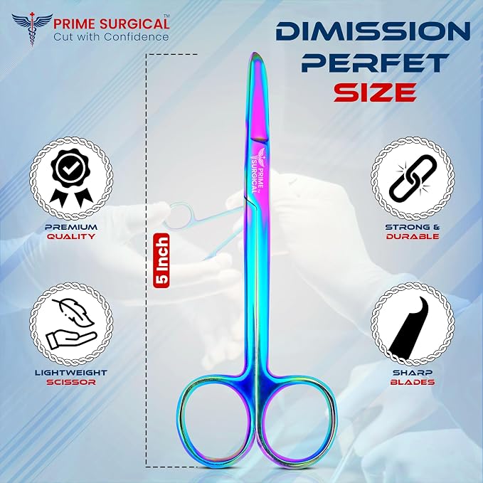 Suture Stitch Scissors 5” (13 cm) Straight – German Steel, Rainbow Titanium Coating, Delicate Hook Tip for Precision Ideal Suture Removal kit, First Aid, Hospitals, EMS & Veterinary Use