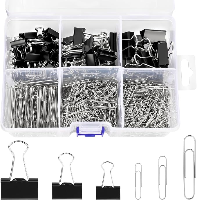 SANNIX 500Pcs Paper Clips and Binder Clips Assorted Sizes, Silver Paper Clips Black Binder Clips with Large Medium Small Size in Container for Office Home School Supplies Document Organizing