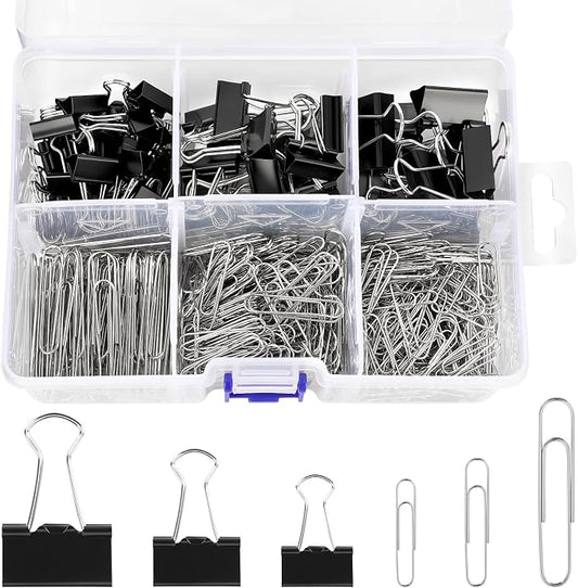 SANNIX 500Pcs Paper Clips and Binder Clips Assorted Sizes, Silver Paper Clips Black Binder Clips with Large Medium Small Size in Container for Office Home School Supplies Document Organizing