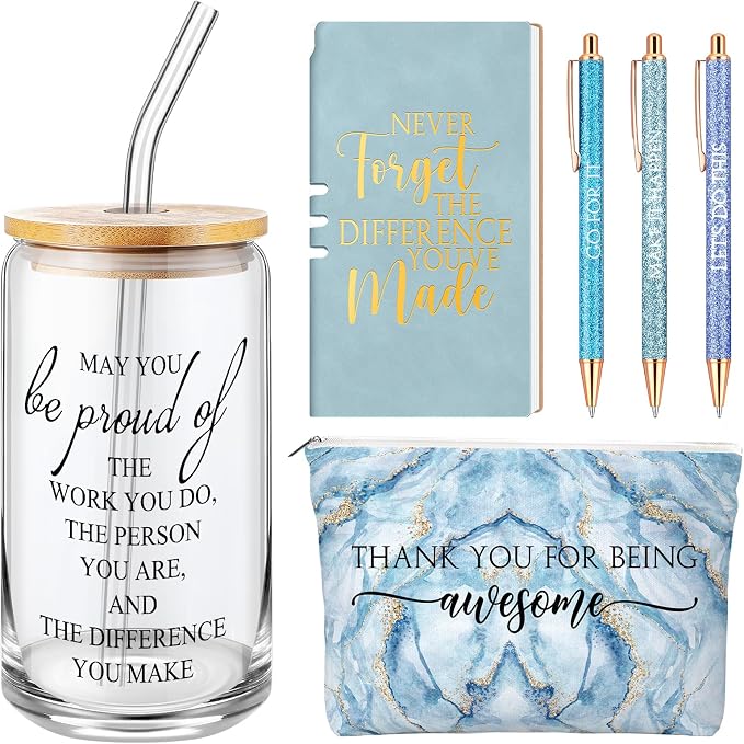Funnymoom 6 Pcs Appreciation Gifts Set for Women Back to School Teacher Gifts Employee Thank You Gift with 17 oz Glass Tumbler Journal Pens and Pouch for Coworkers Educators,Marble,Blue