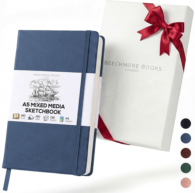 Beechmore Books A5 Mixed Media Sketchbook - 5.8"x8.3" Hardcover Lay-Flat Art Journal, 160 GSM / 98 lb Professional Perforated Paper, Gift Box, for Drawing, Ink and Light Watercolor