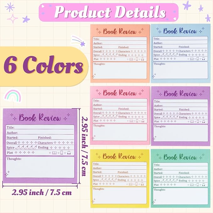 L1rabe Book Review Mini Sticky Notes - 6PCS Colorful Self-Stick Note Pads | Back to School Book Rating Stickers for Students, 300 Sheets Reading Tracker Log Stickers, Readers Lovers Bookworm Supplies