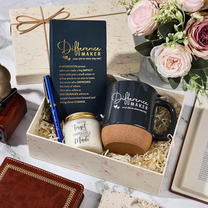4 Pcs Difference Maker Gift Set Mug Notebook Candle Pen,Navy Blue,Word