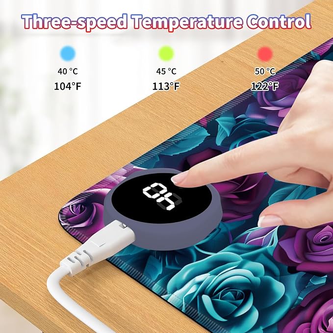Heated Desk Pad Large Mouse Pad 23.6 x 14.1 inch with 3 Levels Heating & Auto Shut-Off Warm Mouse pad PU Leather Computer Mousepad for Home Office Work - Colorful Rose Flowers