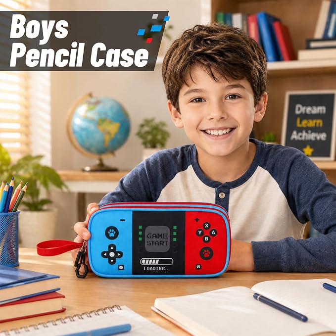 Pencil Case for Boys, Large Capacity Pencil Pouch with Zipper Compartments, Gamer Pen Bag Organizer for School Kids Teens