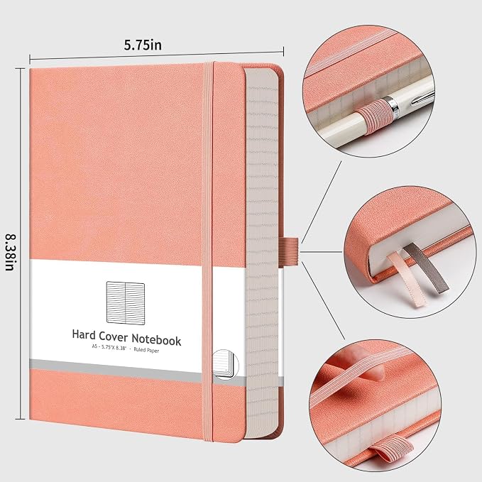 AHGXG Lined Journal Notebook, 320 Numbered Pages, A5 (5.75'' X 8.38'') | Thick Lined Notebook for Note Taking, 100GSM Paper, Leather Hardcover, for Women Men (Pink)
