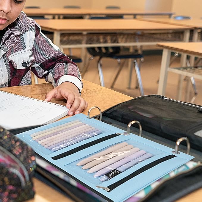 SKYDUE Binder Pencil Pouch for 3 Ring Binder, 3 Compartment Zipper Case, Large Capacity Pen Organizer with Clear PVC Window for School Supplies, Students, Kids & Teachers
