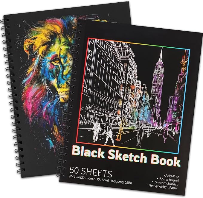 Black Paper Sketchbook 2 Pack, 9 × 12 in, 100 Sheets, 160gsm Spiral Bound | Acid-Free 108 Lb Black Paper, Left Spiral Tear-Out Pages, Hardcover for Drawing, Chalk, Gel Pens And Mixed Media