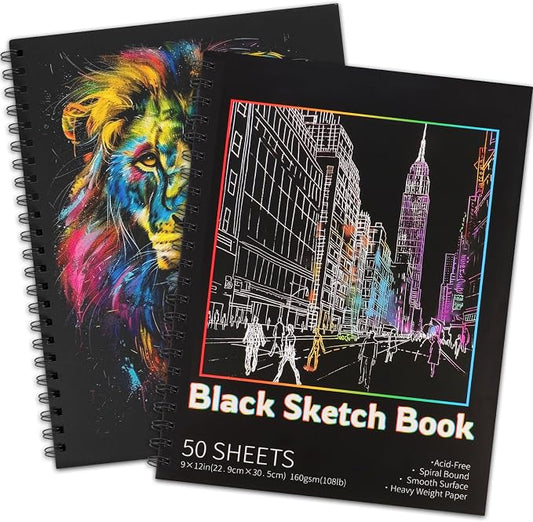 Black Paper Sketchbook 2 Pack, 9 × 12 in, 100 Sheets, 160gsm Spiral Bound | Acid-Free 108 Lb Black Paper, Left Spiral Tear-Out Pages, Hardcover for Drawing, Chalk, Gel Pens And Mixed Media
