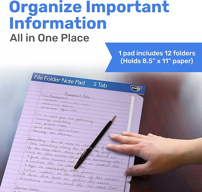 Find It File Folder Notepad - Pack of 12-9.5 x 12.5 Inch Notebook Organizer Folders for Filing, Document, and Clipboard Organization - Lavender | Wide-ruled clipboard-style pages, tear-out perforated sheets, great for office, home, and school filing or...