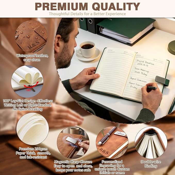Personalized Leather Journal Notebook with Pen Gift Set - Custom Executive Hardcover A5 Writing Diary with Magnetic Closure for Men, Women, Business, Graduation, Birthday, Corporate Gifts (Custom Leather Notebook)