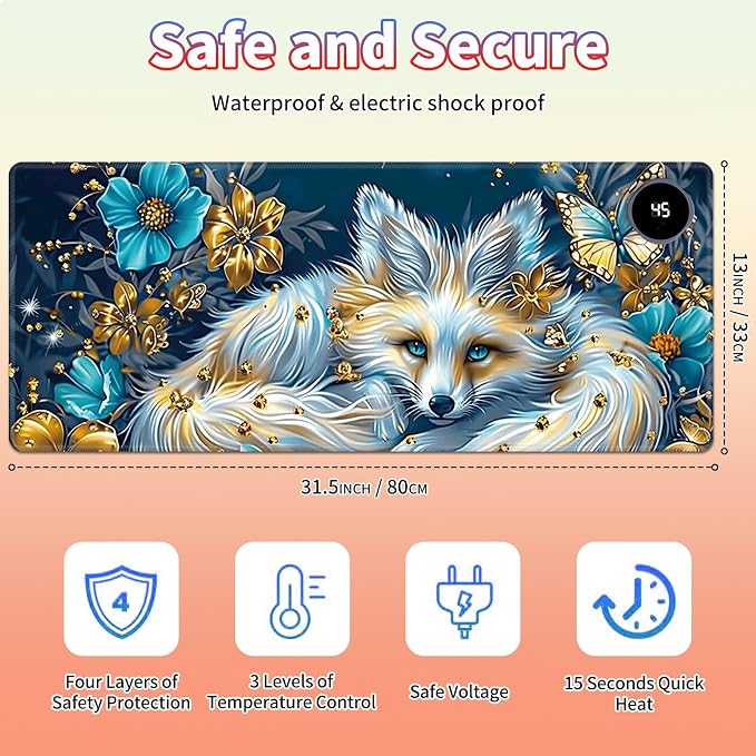 Heated Desk Pad Large Mouse Pad 31.5 x 13 inch with 3 Levels Heating & Auto Shut-Off Warm Mouse pad PU Leather Computer Mousepad for Home Office Work - White Fox and Butterflies