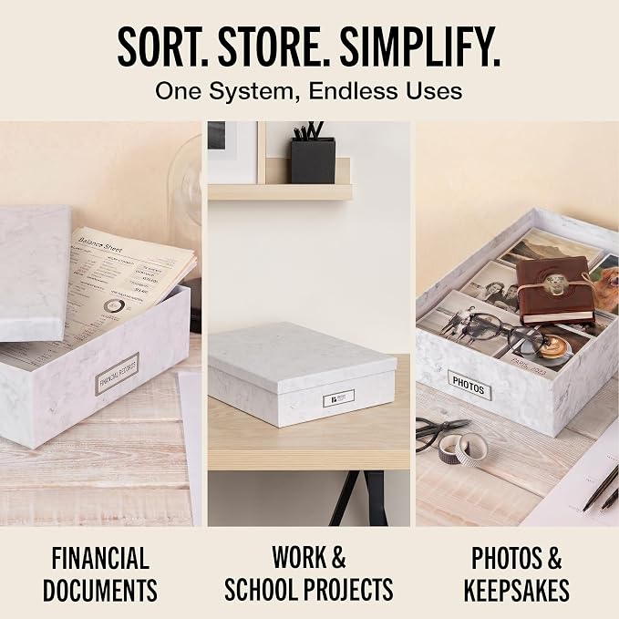 Bigso Oskar Fiberboard Label Frame Document Letter Box for Important Paperwork A4 or Letter Size - Durable Keepsake Box with Lid and Metal Label Holder - 3.3in x 10.2in x 13.8in - Marble