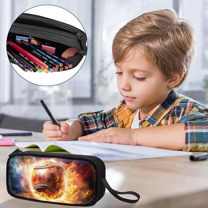 TILYTADLY Large Pencil Case for Boys - Baseball Boys Pencil Pouch with Zipper Compartments - Big Capacity Pen Box Pen Bag Organizer with Keychain for Kids Teens School
