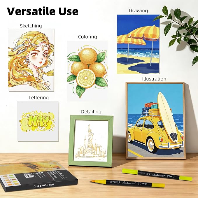 LIULIUCAI 10 Yellow Dual Markers, Fine & Brush Tip Pen for Adult Coloring | Yellow Markers, Drawing Pen for Sunflower, Fall Art, Highlights, Hand Lettering & Warm Accents, No Bleeding