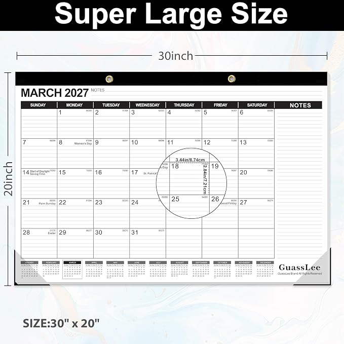 GuassLee Extra Large Desk Calendar 2026, 19 Months Jumbo Desk/Wall Calendar from Jun. 2026 through Dec. 2027, 30 x 20 Inches Hanging Planner with Julian Date, Notes for Home School Office Organizing