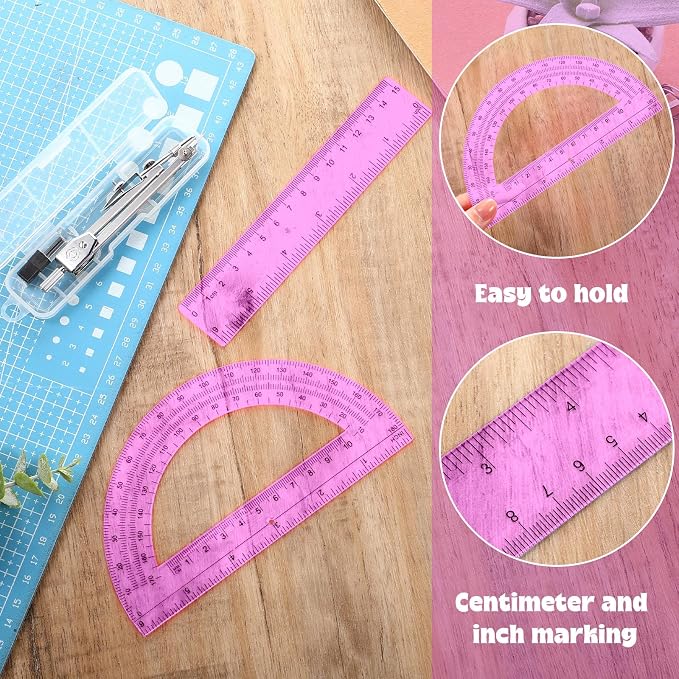 Zonon 3 Pcs Plastic Ruler 6 Inch Protractor Drawing Compass Set, Student Geometry Math Transparent Measuring Tools for Home School Classroom Office Supplies(6 Inch,Pink)