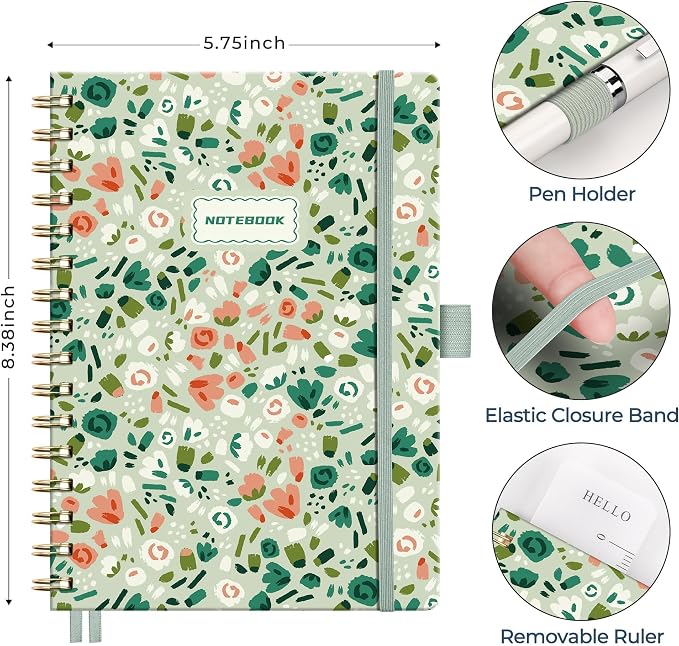 AHGXG Spiral Journal Notebook, 160 Lined Pages, A5 Medium Size (5.7'' x 8.3''), for Women, Journaling, Writing, Work & Office, Hardcover, 100 GSM Thick Paper (Ditsy Floral Sagel)