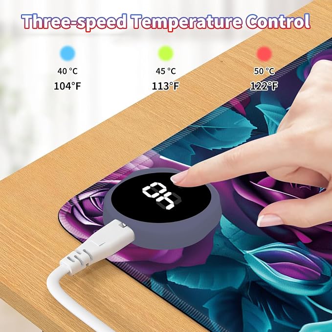 Heated Desk Pad Large Mouse Pad 31.5 x 13 inch with 3 Levels Heating & Auto Shut-Off Warm Mouse pad PU Leather Computer Mousepad for Home Office Work - Colorful Rose Flowers