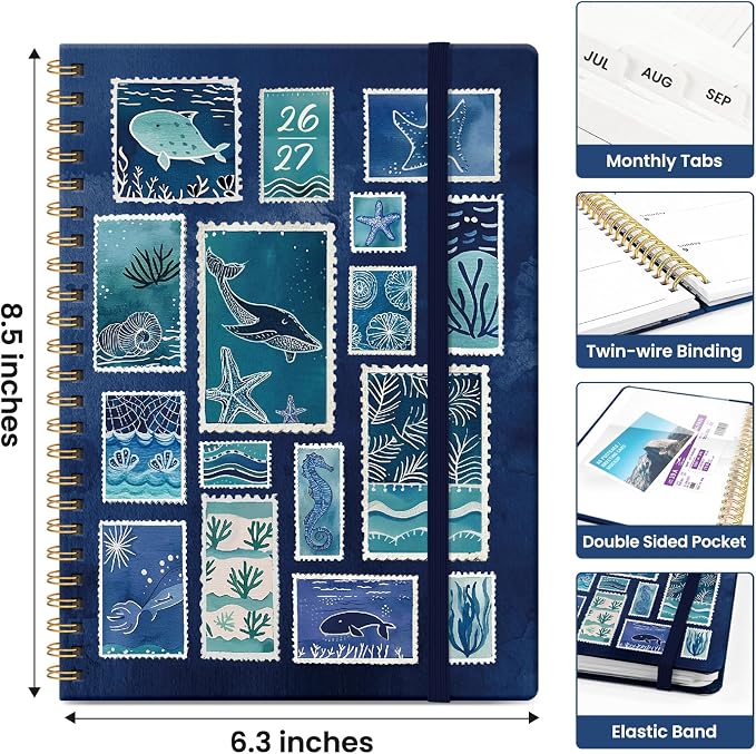 Planner 2026-2027, Academic Year Weekly and Monthly Calender Planner, from Jul 2026 - Jun 2027, Spiral Bound School Planning Book, Perfect for Teacher, Student, Women & Men, A5 (6.3" x 8.5"), Ocean Postmarks