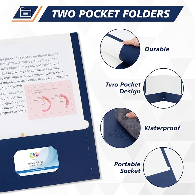 50 Packs Two Pocket Folders,Two Pocket File Folders with Business Card Slot,Dark Blue,Letter Size,Paper Folders with Pockets for School Office Home Business