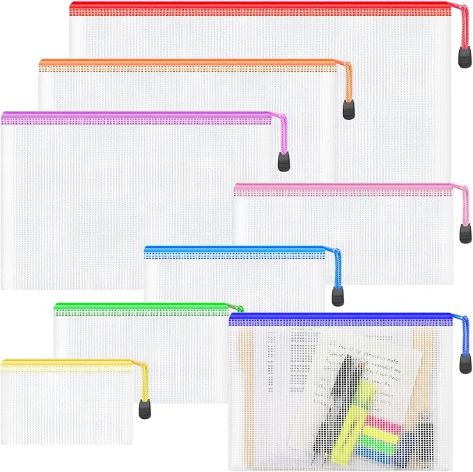 Smarpau 8pcs Mesh Zipper Pouch Bags,8 Sizes 8 Colors Clear Plastic File Bag | Multipurpose Waterproof Document Pouch for Office School Supplies,Travel Storage,Board Game Storage,Home Organize