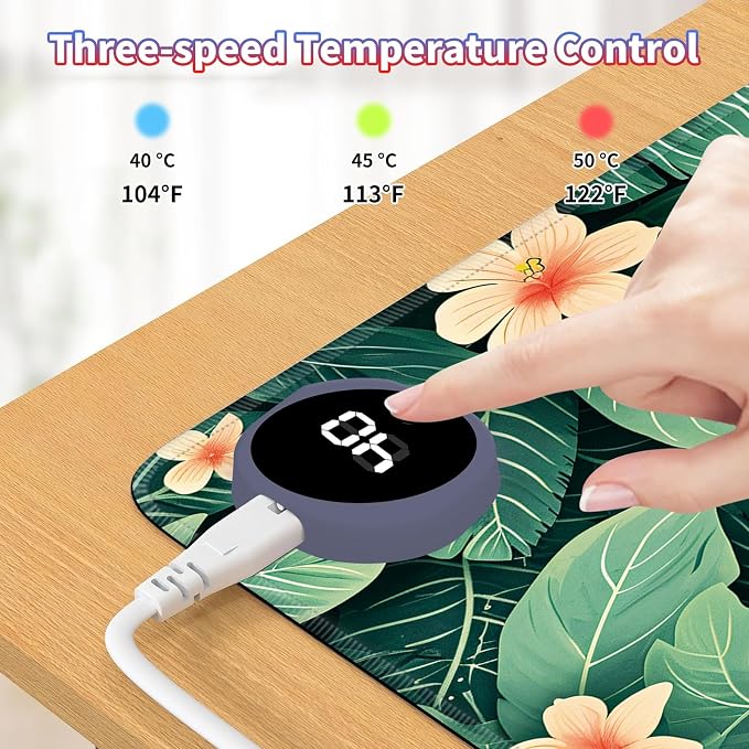 Heated Desk Pad Large Mouse Pad 23.6 x 14.1 inch with 3 Levels Heating & Auto Shut-Off Warm Mouse pad PU Leather Computer Mousepad for Home Office Work - Green Leaf Flowers