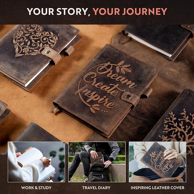 moonster Leather Journal Notebook A5 Refillable – Handmade Vintage Diary with Pen – 320 Lined Pages – Rustic Travel Writing Book for Men & Women – Genuine Leather Bound Notepad