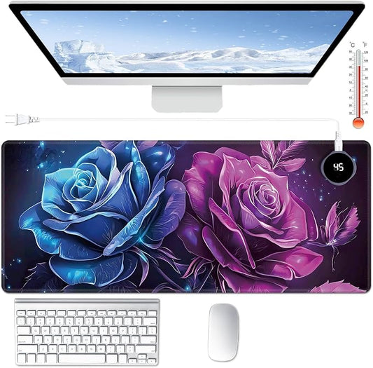 Heated Desk Pad Large Mouse Pad 31.5 x 13 inch with 3 Levels Heating & Auto Shut-Off Warm Mouse pad PU Leather Computer Mousepad for Home Office Work - Blue and Purple Rose Flower