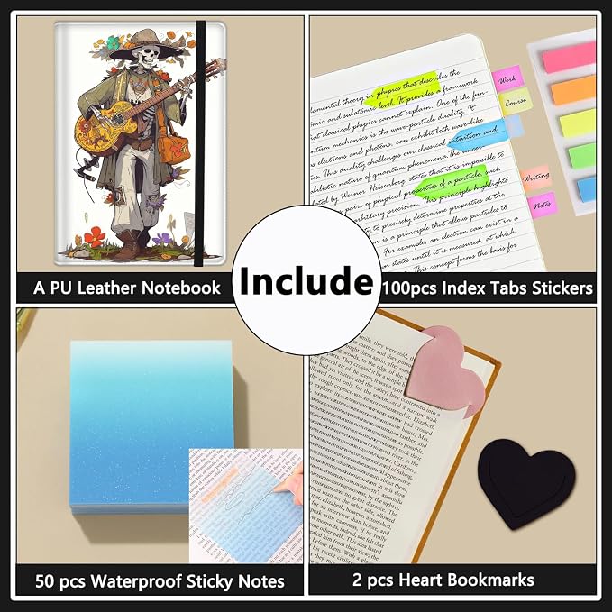 A5 Leather Lined Journal Notebook, 200 Pages Hardcover Executive Notebook for Office School Note Taking,Thick Writing Paper Daily Journal with Bookmarks/Indexes, Skeleton Playing Guitar in Flowers