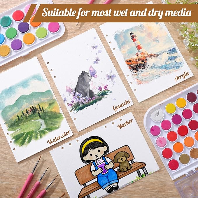 50 Sheets Refill Watercolor Paper for Watercolor Sketchbook, A5 300Gsm | 5.5 x 8 In, Hole-Punched for Binder Sketchbooks, Good Water Absorption, Mixed Media Paper, Durable Texture