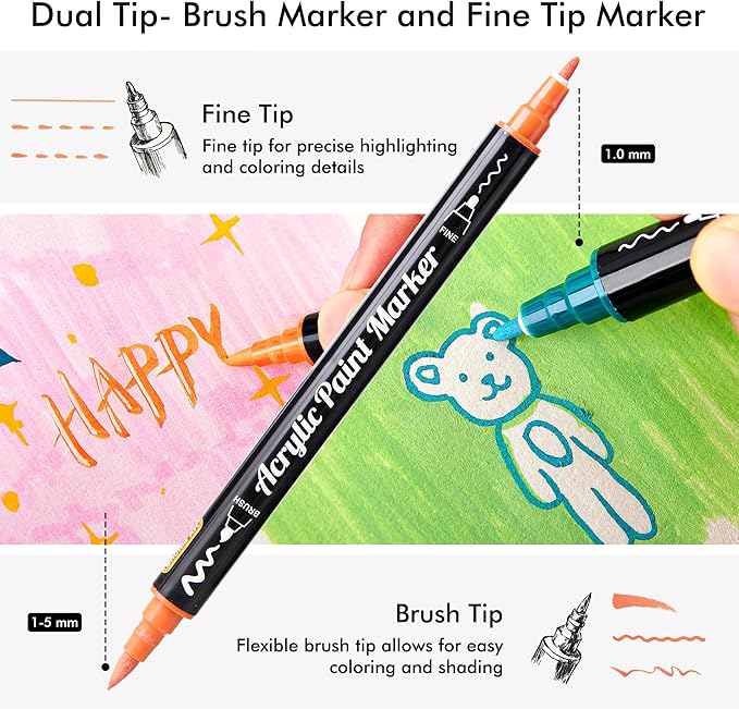 Shuttle Art 28 Pastel Colors Dual Tip Acrylic Paint Markers, Brush Tip and Fine Tip Acrylic Paint Pens for Rock, Ceramic, Wood, Canvas, Plastic, Glass, Stone, Calligraphy, Card, DIY Football Crafts