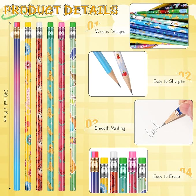 Sabary 200 Pcs Assorted Wood Pencil Bulk 50 Styles #2 HB Colorful Novelty Fun Dinosaur Animals Fruits Sports Pencils with Erasers for Teacher Reward