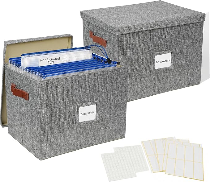 2-Pack Collapsible Letter Storage Bins with Lid, Grey | Office files & board games | Faux leather handles & label window | Dust-proof | Includes labels & glue dots