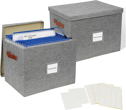 2-Pack Collapsible Letter Storage Bins with Lid, Grey | Office files & board games | Faux leather handles & label window | Dust-proof | Includes labels & glue dots
