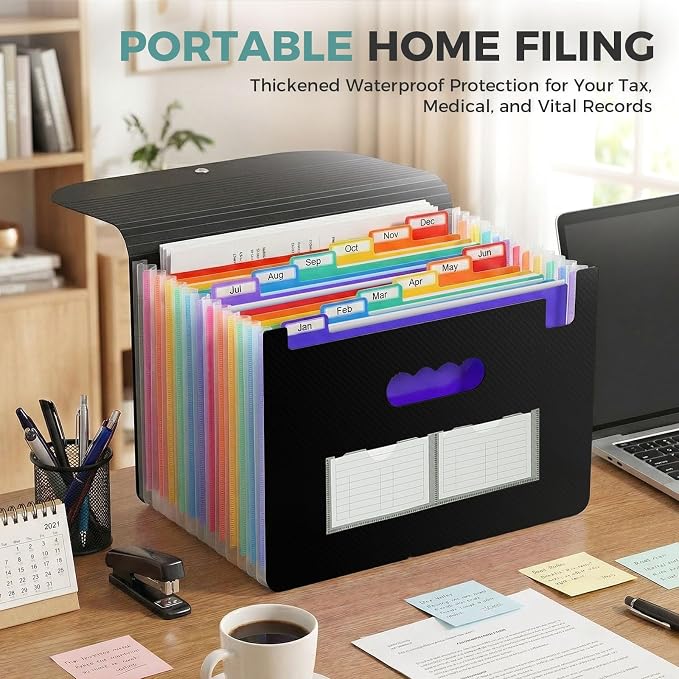 SKYDUE Accordion File Organizer, Expanding File Folder with 13 Pockets, Portable Document Paper Bill Receipt Organizer for Desk, Home School Office Supplies, Letter A4 Size Black