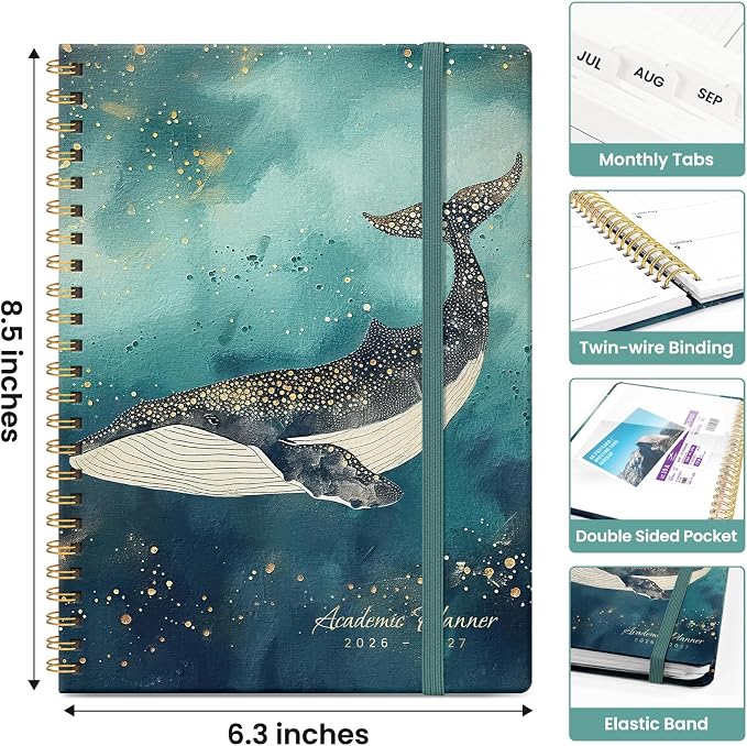 Planner 2026-2027, Academic Monthly and Weekly Calendar Planner for Women, July 2026 - June 2027, Hardcover Pretty Agenda Planner Book with Tabs, Spiral Daily Organizer for School Office Home Supplies, 6.3" x 8.5" - Whale Dreams