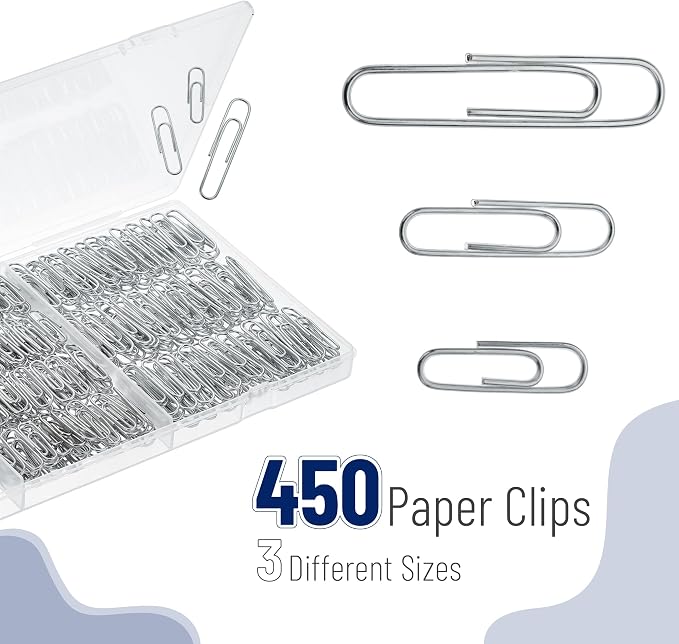 Mr. Pen- Silver Paper Clips, 450 pcs, 1", 1-1/4", 2" | Zinc Galvanized Silver Paper Clips with Storage Box, Large and Small for Office, School, DIY, Binder Clips