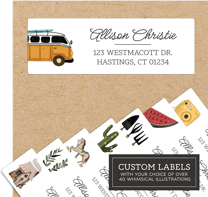Personalized Return Address Labels - Simple & Stylish Illustrations Elegant Style - Over 40 Images to Choose from - Custom Self Adhesive Stickers for Envelopes (60-960 Labels)