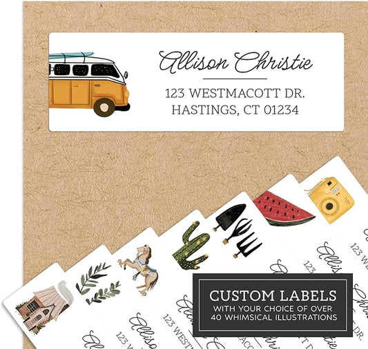 Personalized Return Address Labels - Simple & Stylish Illustrations Elegant Style - Over 40 Images to Choose from - Custom Self Adhesive Stickers for Envelopes (60-960 Labels)