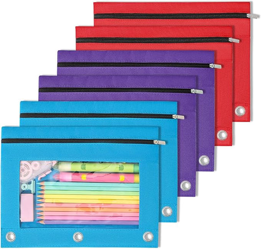 SUNEE Pencil Pouch for 3 Ring Binder, 6 Pack Zipper Binder Pouches in Classic Colors, 2 Blue, 2 Purple & 2 Red, Pencil Bag Organizer for School Supplies, Students & Office Use