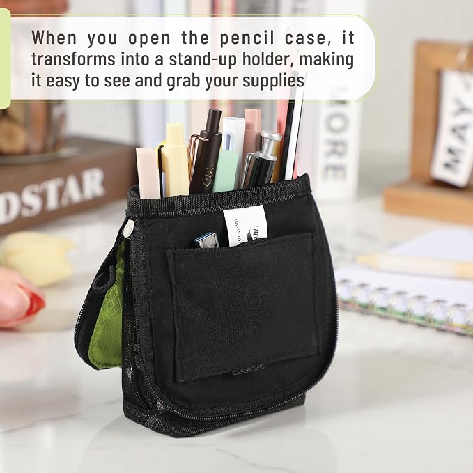 Mr. Pen- Standing Pencil Case Pouch, Sit & Lay Mesh-View Design | Black & Lawn Green, Interior Pocket & 2 Elastic Binder Loops, Cute Pencil Case for Girls and Boys